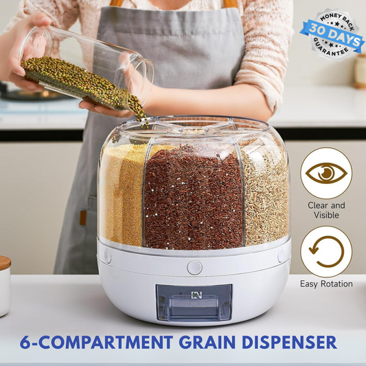360° 6-Bin Rotating Cereal & Grain Dispenser – Airtight, One-Press, Counter-Ready