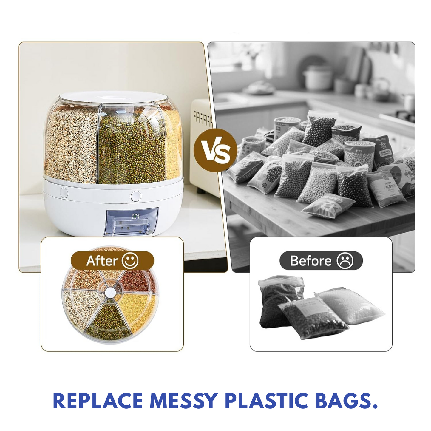 360° 6-Bin Rotating Cereal & Grain Dispenser – Airtight, One-Press, Counter-Ready